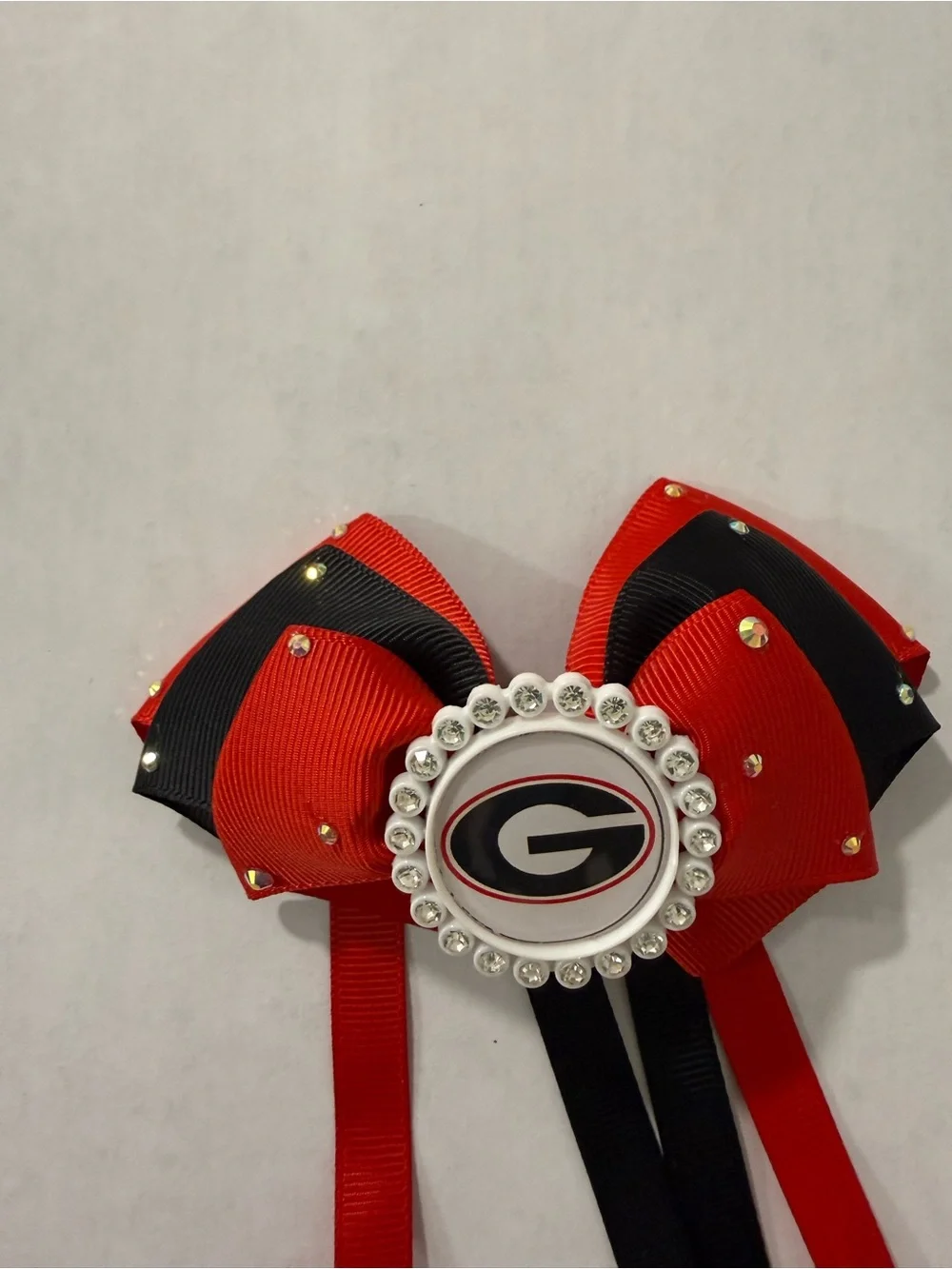 Red and Black Team Ribbon Hair Bow with Rhinestone Medallion
